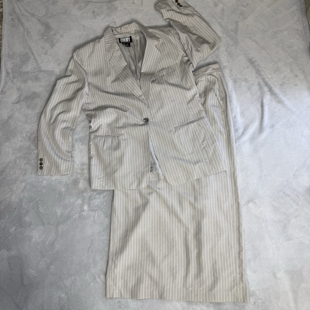 Vintage DKNY Donna Karan 100% Silk Pinstripe Skirt Suit Set 12 Beige Gray 90s